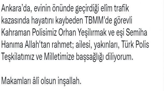 Bakan Soylu, TBMMde görevli polis memuru ve eşinin trafik kazasında vefa ettiklerini duyurdu