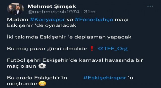 Başkan Şimşekten Konyaspor-Fenerbahçe maçının pazar günü oynanması talebi