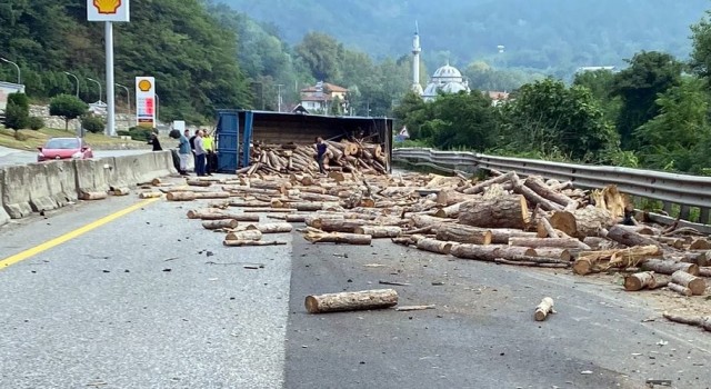 D-650de tomruk yüklü tır devrildi, trafik durma noktasına geldi