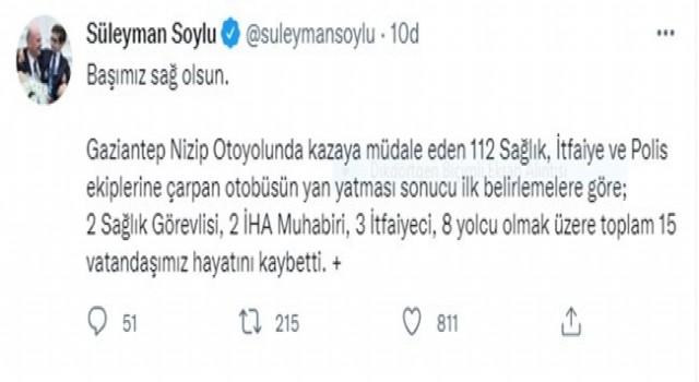 İçişleri Bakanı Soylu: (Gaziantepteki kaza) Toplam 15 vatandaşımız hayatını kaybetti