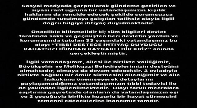 Kayseri Büyükşehir Belediyesinden kendine zarar veren şahıs ile ilgili açıklama