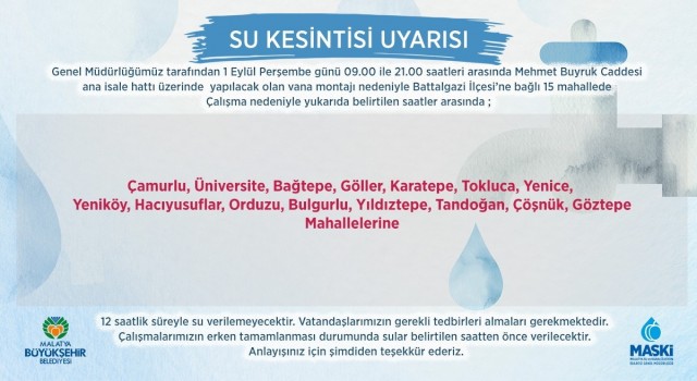 Malatyada su kesintileri yaşanacak
