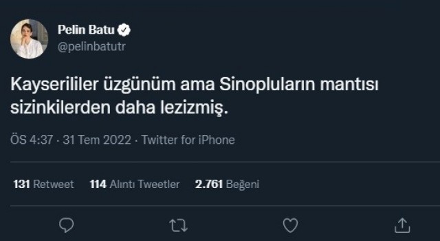 Oyuncu Pelin Batudan Kayserilileri üzecek paylaşım