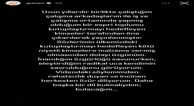 Şarkıcı Gülşenden ‘özür paylaşımı: “Videodaki söylemimden rahatsızlık duyan ve incinen herkesten özür diliyorum”