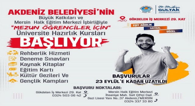 Akdeniz Belediyesi Etüt Merkezi başvuruları 23 Eylüle dek uzatıldı