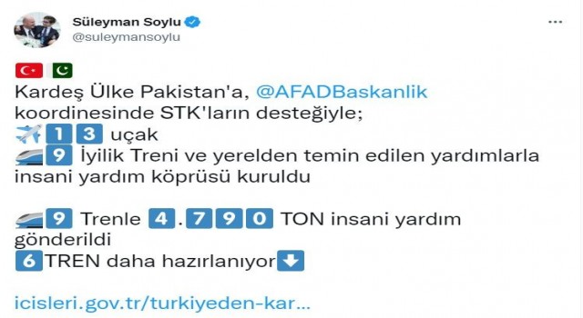 Bakan Soylu: “Kardeş ülke Pakistana 13 uçak, 9 İyilik Treni ile insani yardım köprüsü kuruldu