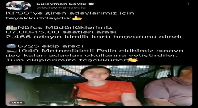 Bakan Soyludan KPSS günü yoğun mesai harcayan ekiplere teşekkür