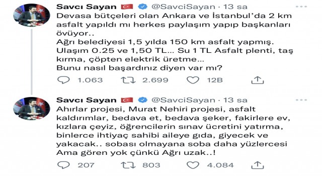 Başkan Sayan: “Ağrıda yaptığımız projeleri gören yok”