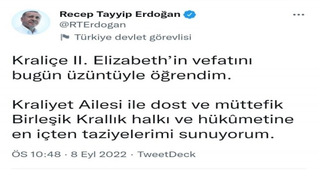 Cumhurbaşkanı Erdoğan, Kraliçe 2. Elizabeth için taziye mesajı yayımladı
