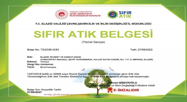 Elazığ TSO Sıfır Atık Belgesi aldı