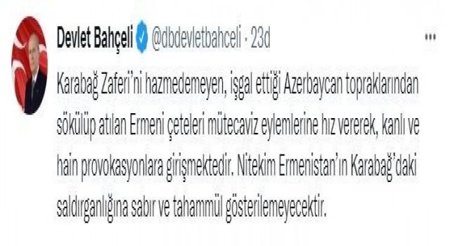 MHP lider Bahçeli: “Ermenistanın Karabağdaki saldırganlığına sabır ve tahammül gösterilemeyecektir”