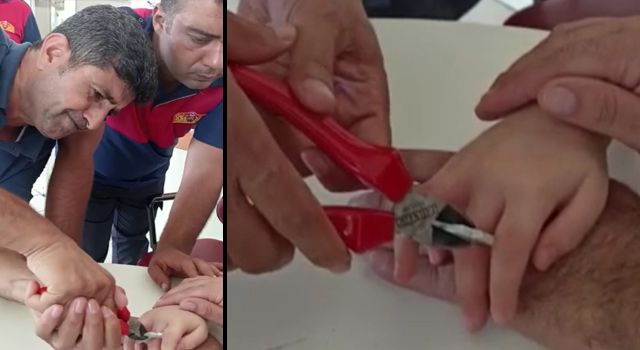 Osmaniye'de Parmağı plastik kitaplığa sıkışan çocuğu, itfaiye kurtardı