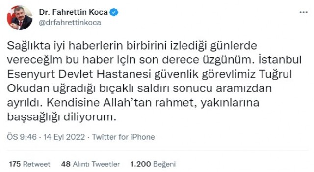 Sağlık Bakanı Kocadan hayatını kaybeden güvenlik görevlisiyle ilgili paylaşım