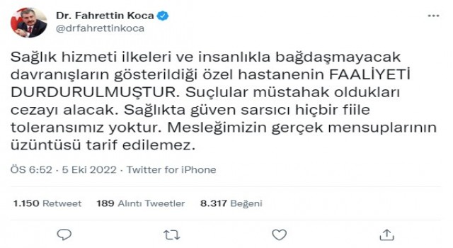 Bakan Koca açıkladı: Hastanenin faaliyeti durduruldu