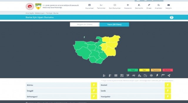 Bursada 6 ilçe için sarı uyarı