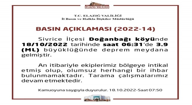 Elazığ Valiliğinden deprem açıklaması, “Olumsuz herhangi bir ihbar bulunmamaktadır”