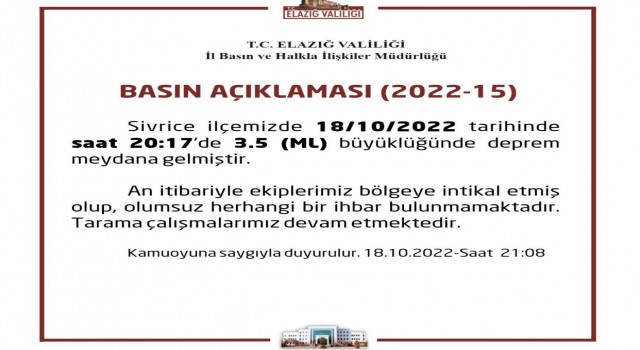 Elazığda 3.5 büyüklüğünde deprem