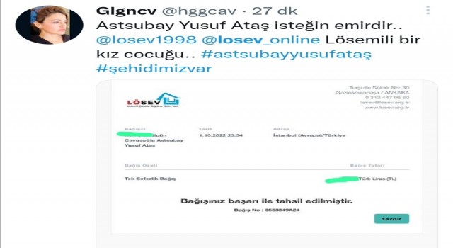 Elazığlı şehidin vasiyeti üzerine LÖSEVe bağış yağdı