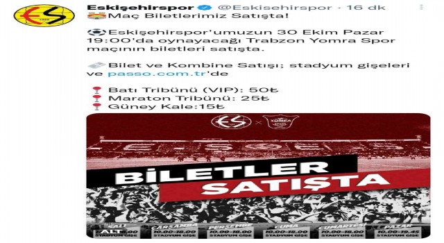 Eskişehirsporlular bu sezon ilk kez kale arkasından maç izleyecek