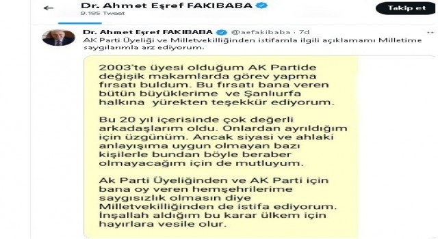 Fakıbaba partisinden ve milletvekilliğinden istifa etti
