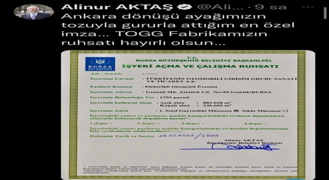 İşte TOGG Otomobil Fabrikasının ruhsatı