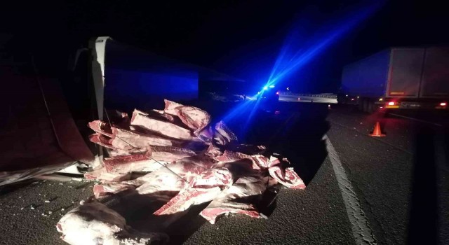 Tır devrildi, tonlarca karkas et yola saçıldı