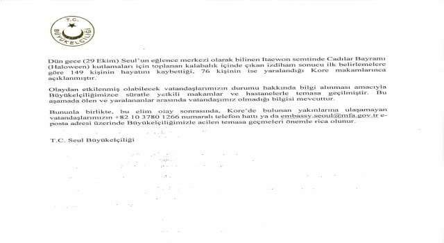 Türkiyenin Seul Büyükelçiliği: Olayda ölen veya yaralanan vatandaşımız yok