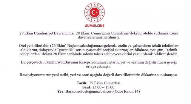 Yunanistandaki 29 Ekim resepsiyonu tehdit telefonları nedeniyle ertelendi