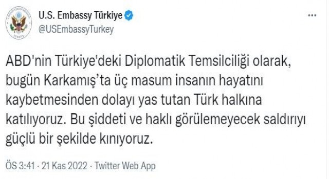 ABD'nin Ankara Büyükelçiliği, Gaziantep'te gerçekleştirilen terör saldırısını kınadı