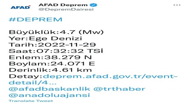 Ege Denizi açıklarında 4.7 büyüklüğünde deprem