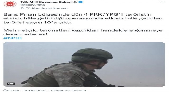 MSB: “Barış Pınarı bölgesinde dünkü operasyonda etkisiz hale getirilen terörist sayısı 10a çıktı”