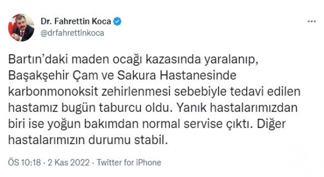 Sağlık Bakanı Koca: “Başakşehir Çam ve Sakura Hastanesinde tedavi edilen hastamız taburcu oldu”