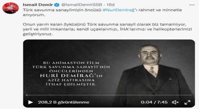 SSB Başkanı Demirden ‘Nuri Demirağ paylaşımı