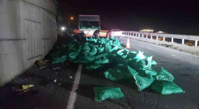Tır virajda asılı kaldı, kömürler yola saçıldı