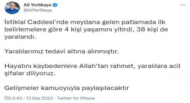 Vali Yerlikaya: (Taksimde patlama) 4 kişi yaşamını yitirdi, 38 kişi yaralandı