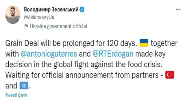 Zelenskiy: Tahıl anlaşması 120 gün uzatılacak