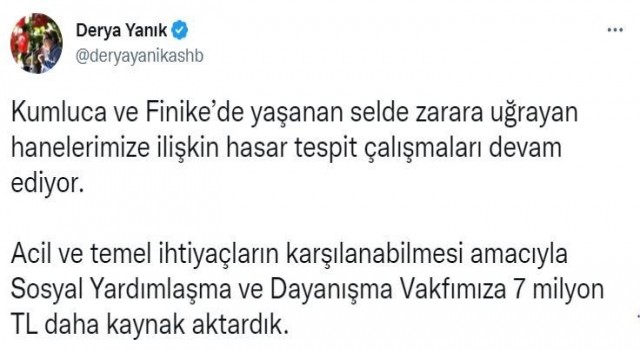 Antalyada selden zarar gören vatandaşlar için 7 milyon lira daha kaynak aktarıldı