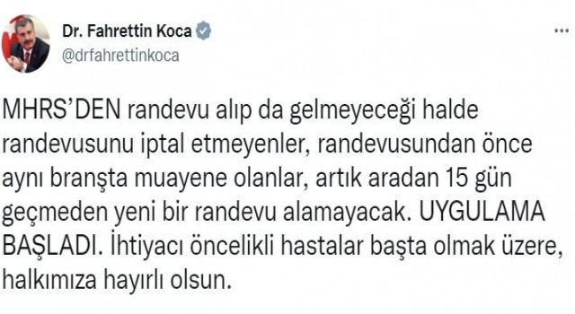 Bakan Koca duyurdu: MHRSDEN randevu alıp gelmeyenlere 15 gün yeni randevu yok