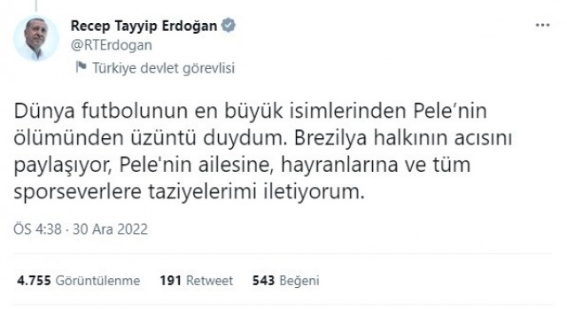 Cumhurbaşkanı Erdoğandan Brezilyalı futbolcu Pele için taziye mesajı