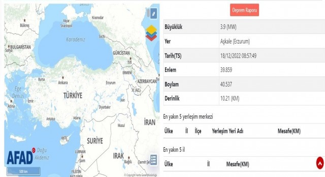 Erzurumda 3.9 büyüklüğünde deprem