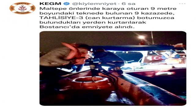 Maltepede karaya oturan teknedeki 9 kişi kurtarıldı