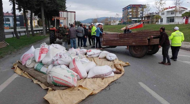 Traktör ile tır çarpıştı, buğday çuvalları yola saçıldı