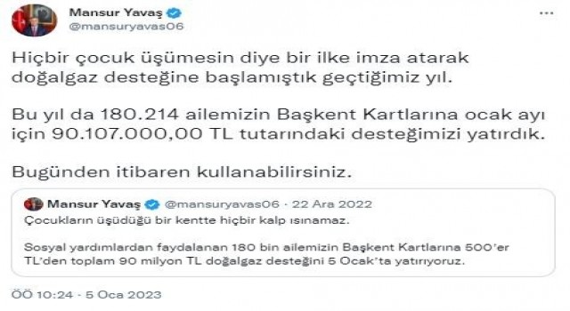 Ankara Büyükşehirden 180 bin aileye doğal gaz desteği