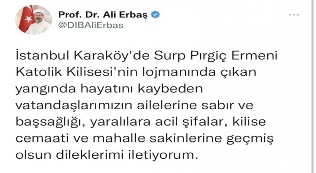 Diyanet İşleri Başkanı Erbaştan kilise lojmanındaki yangında vefat edenler için taziye mesajı