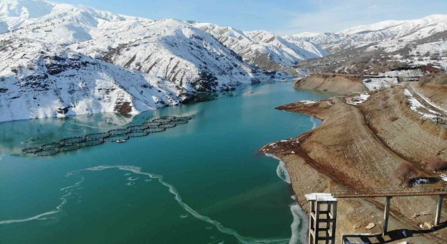 Erzincandaki Göyne Sulama Barajı buzla kaplandı