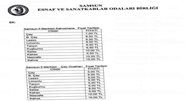 Kahvehane ve çay ocakları içecek tarifesi güncellendi