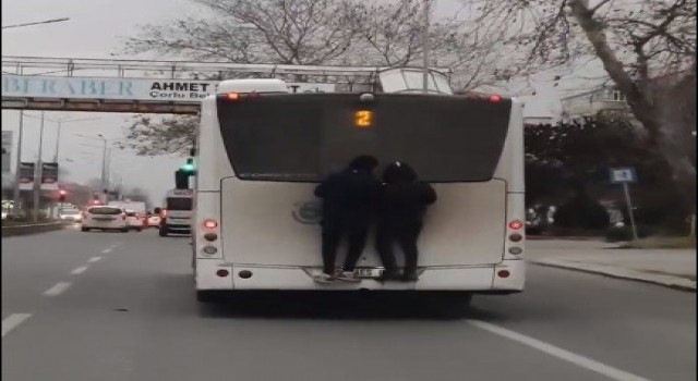 Otobüse tırmanan magandaların tehlikeli yolculuğu kameraya yansıdı