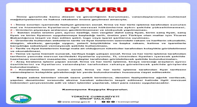 Sinopta fırsatçılığa karşı denetimlere ağırlık verilecek