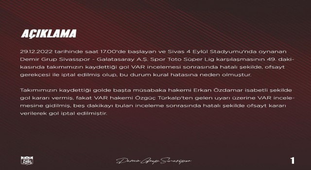 Sivasspor, Galatasaray maçının tekrarı için TFFye başvurdu