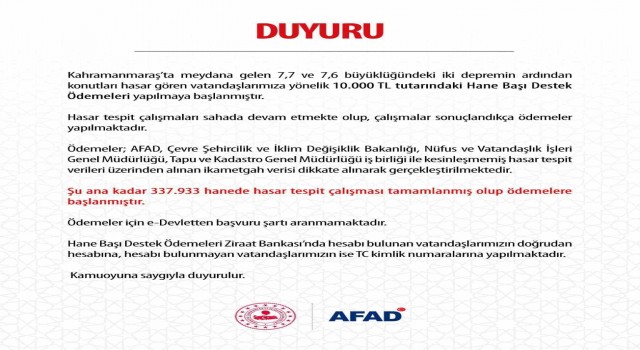 AFAD, konutları hasar gören depremzedelere 10 bin lira destek ödemesi başlatıldığını duyurdu
